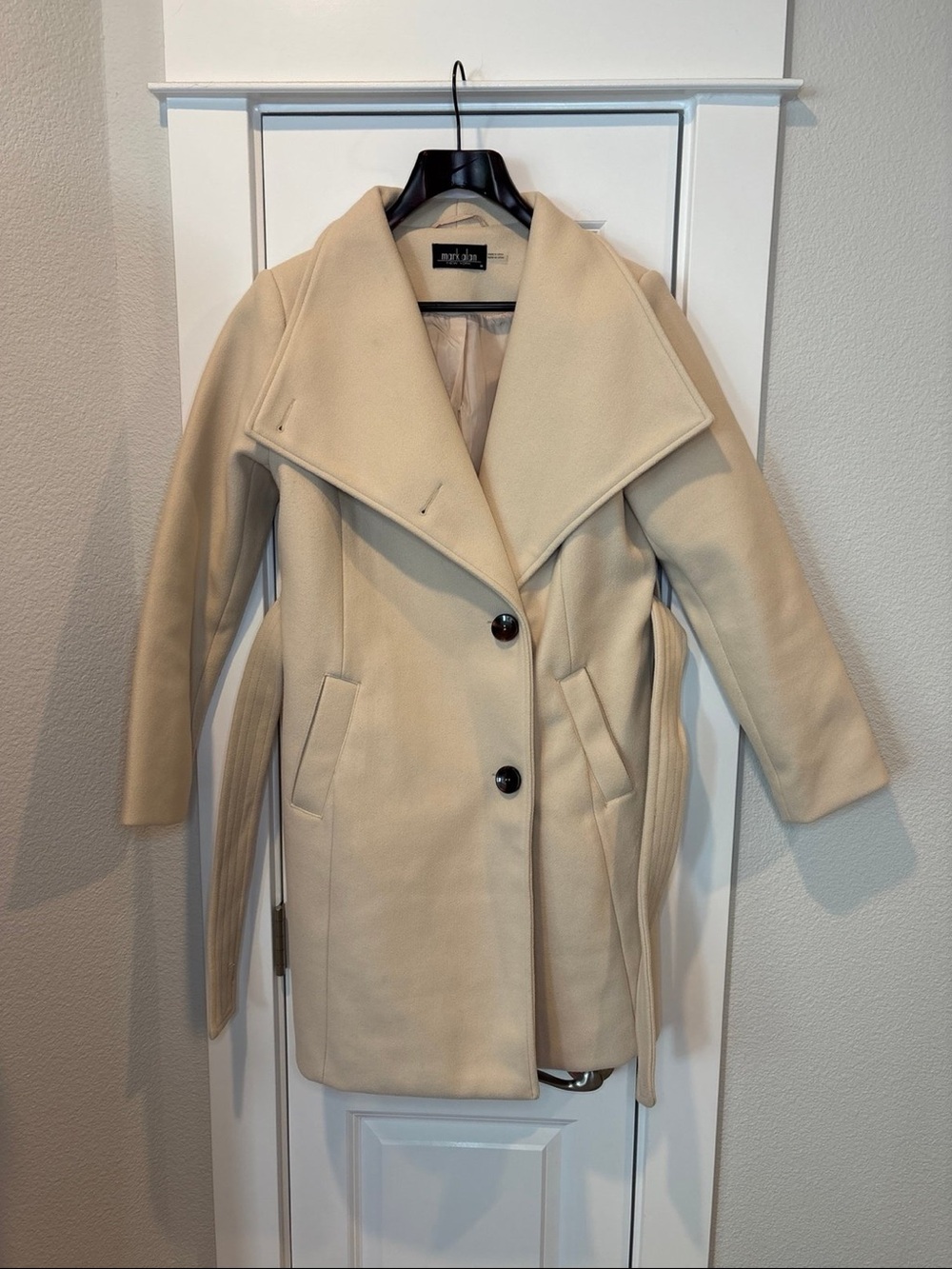 Boden Cream Wool-Blend Belted Trench Coat with Wide Collar